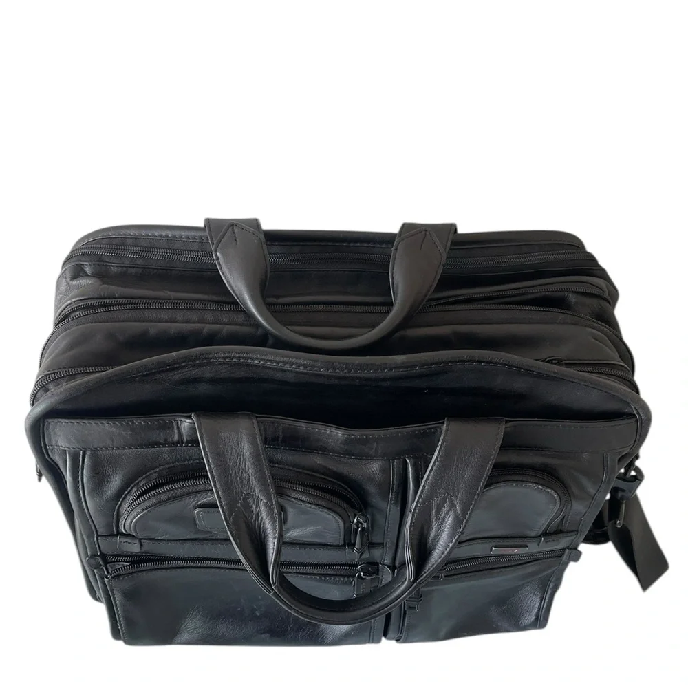 TUMI Black Leather Expandable Laptop Briefcase
